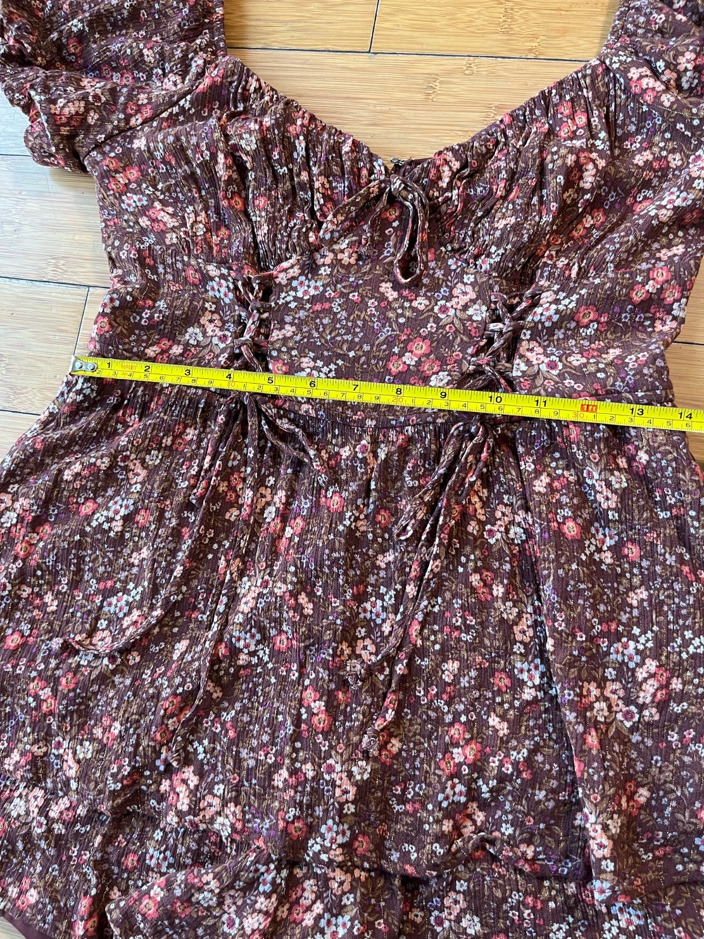 Francesca's Collections Floral Boho Burgundy Romper with Corset Style Ties - Picture 8 of 13